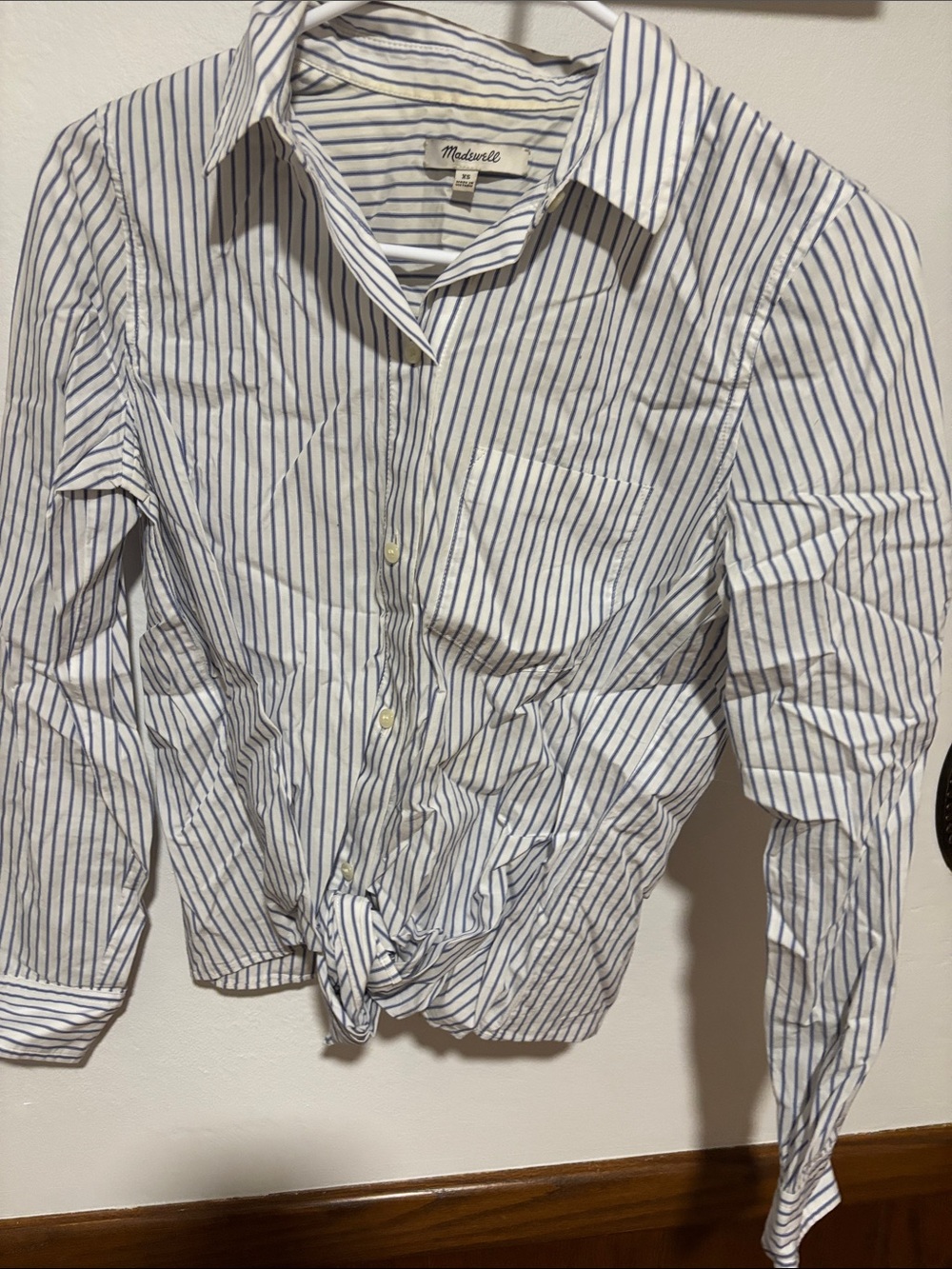 Madewell White with Blue Stripe Tie-Front Button Down Shirt